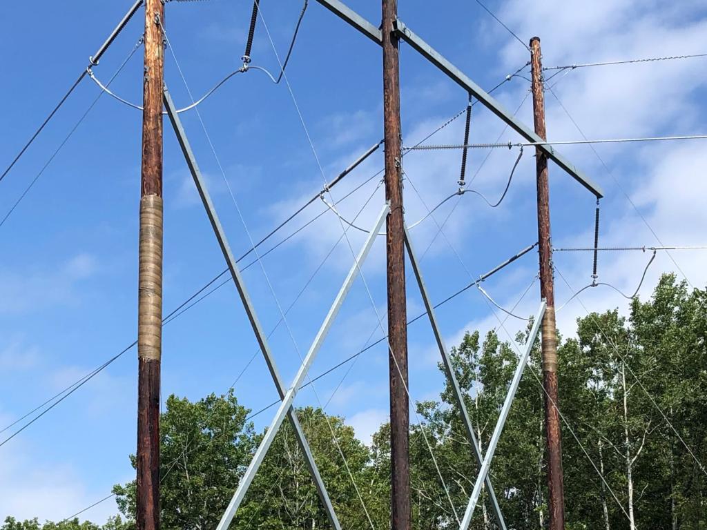 Wood pole wrap shown installed around a wood utility pole